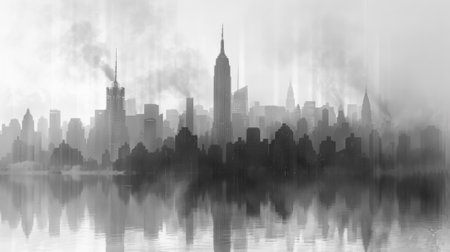 A black and white photo of a city skyline with smoke coming out, AIの素材