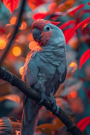 A bird sitting on a branch with colorful leaves in the background, AIの素材
