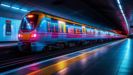 A train traveling down a track with lights and neon, AIの素材