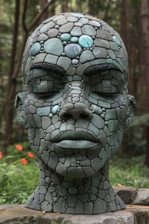 A stone head sculpture in a garden with flowers and trees, AIの素材