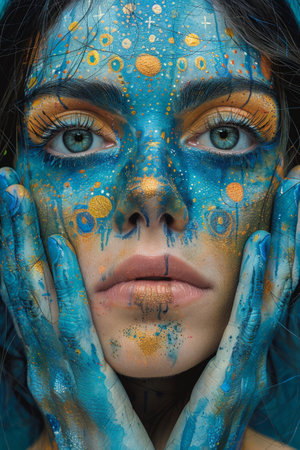 A woman with blue face paint and gold body art, AIの素材