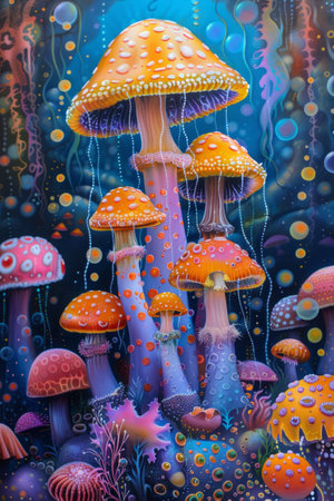 A painting of a colorful underwater scene with mushrooms and sea life, AIの素材