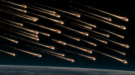 A large number of meteors are flying over the earth, AIの素材