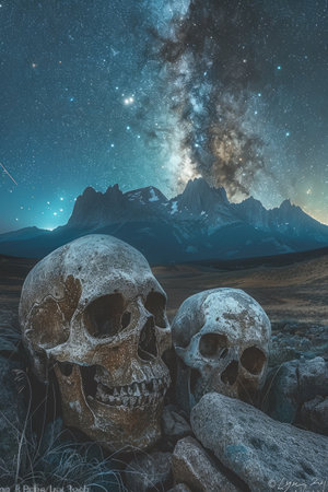 Two skulls are sitting on top of rocks in front of a starry sky, AIの素材