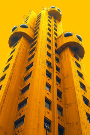 A tall building with a yellow sky in the background, AIの素材