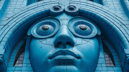 A blue face with large eyes and a nose on the side of an ornate building, AIの素材