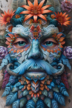 A painting of a face with flowers and leaves on it, AIの素材