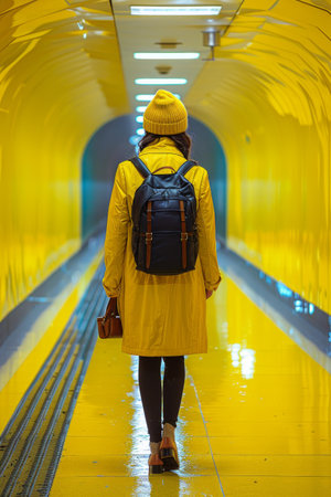 A woman in yellow coat walking down a tunnel with her backpack, AIの素材