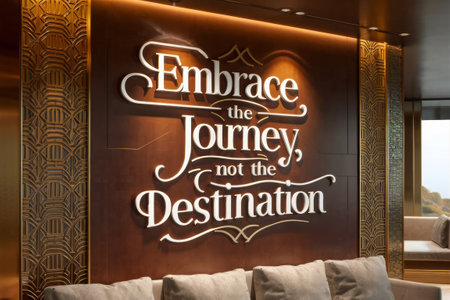 A large couch with a sign that says embrace the journey not destination, AIの素材
