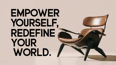 A chair with a quote on it that says empower yourself, redefine your world, AIの素材