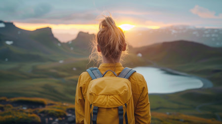 A woman with a yellow backpack standing on top of mountains, AIの素材