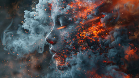 A womans face is covered in smoke and fire, AIの素材