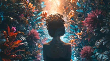 A woman in a dress is surrounded by flowers and leaves, AIの素材