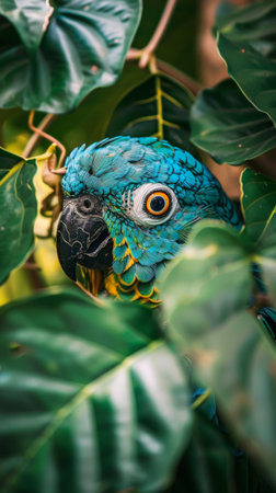 A blue parrot sitting in a tree surrounded by leaves, AIの素材