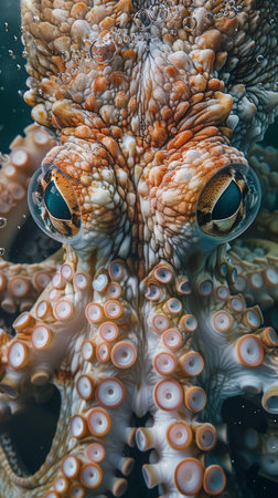 A fictional octopus with large eyes and tentacles underwater, AIの素材