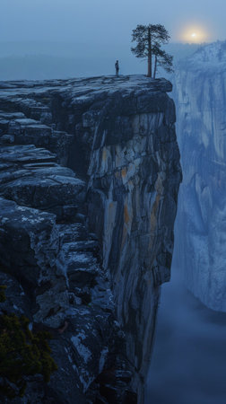 A lone person standing on a cliff overlooking the ocean, AIの素材