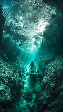 A man in a boat paddling through the ocean under water, AIの素材
