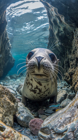 A seal is looking at the camera underwater in a cave, AIの素材