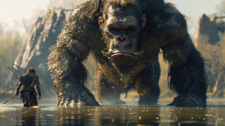A large gorilla walking through water with a man standing in front of it, AIの素材