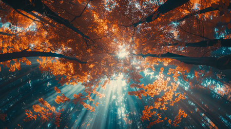 A view of the sun shining through a forest canopy, AIの素材