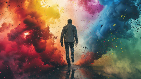 A man walking through a cloud of colored smoke with his back to the camera, AIの素材