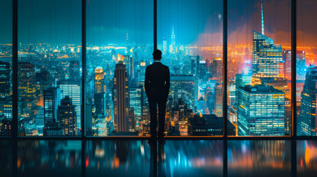 A man standing in front of a window looking at the city, AIの素材