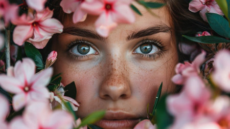 A woman with freckles and pink flowers in her hair, AIの素材