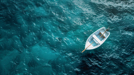 A small boat floating in the ocean with a rope attached, AIの素材