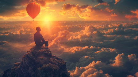 A man sitting on top of a mountain with an orange balloon, AIの素材