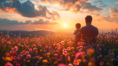 A man and child sitting in a field of flowers at sunset, AIの素材