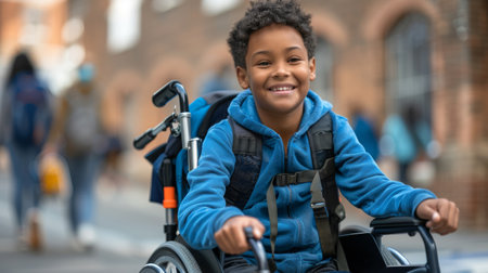 A young boy in a wheelchair smiling while riding down the street, AIの素材