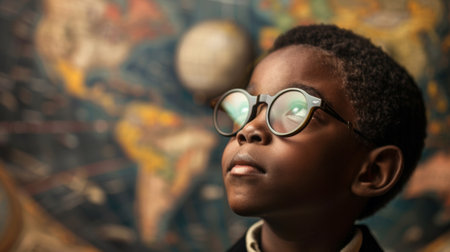 A young boy wearing glasses looking at a world map, AIの素材
