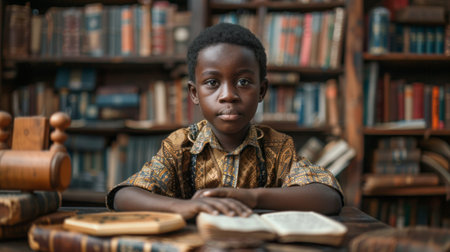 A young boy sitting at a table with books and an open book, AIの素材
