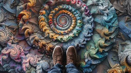 A person standing on a colorful rug with their feet in the air, AIの素材