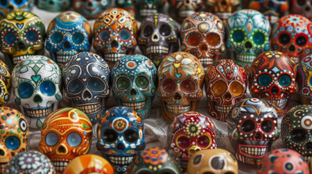 A display of a bunch of skulls sitting on top of each other, AIの素材