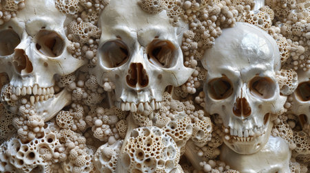 A wall of skulls and coral with a lot of holes in it, AIの素材