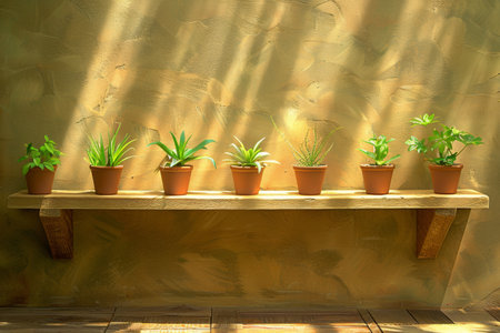 A shelf with five potted plants on it in a sunlit room, AIの素材