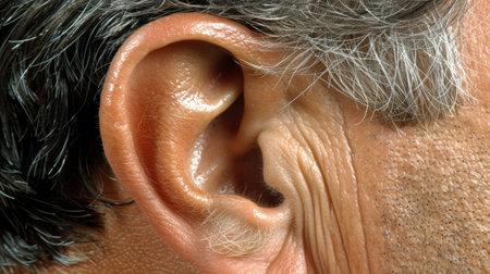 A close up of a mans ear with some hair on it, AIの素材