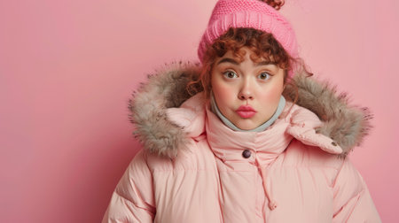 A woman in a pink coat with fur hat and gloves, AIの素材