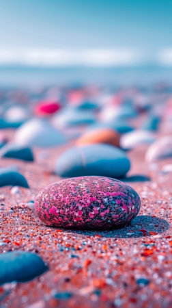 A close up of a pink and blue rock on the beach, AIの素材