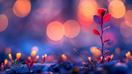 A close up of a small plant with colorful lights in the background, AIの素材