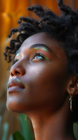 A woman with a afro looking up to the sky, AIの素材