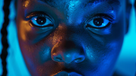 A close up of a woman with dreads and blue skin, AIの素材