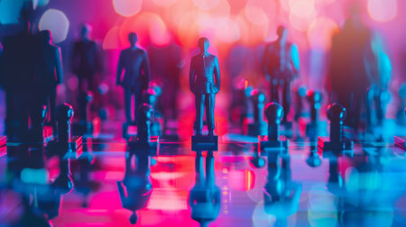 A group of figurines standing on a chess board with colorful lights, AIの素材