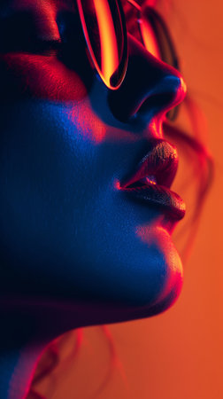 A woman with glasses and a red, blue and purple background, AIの素材