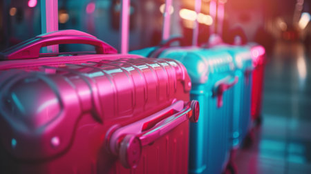 A row of colorful luggage sitting in a line at the airport, AIの素材