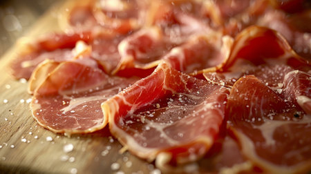 A close up of a cutting board with sliced meat on it, AIの素材