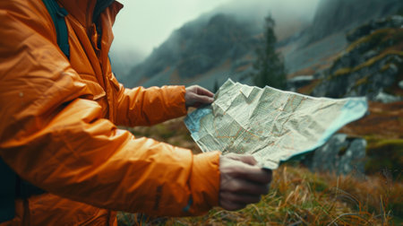 A person holding a map in the mountains with fog, AIの素材