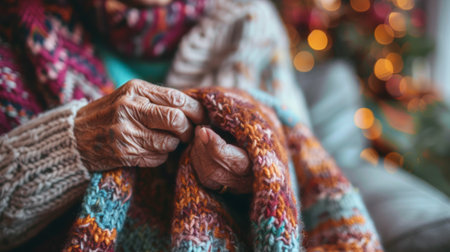A close up of a woman holding onto her knitted blanket, AIの素材