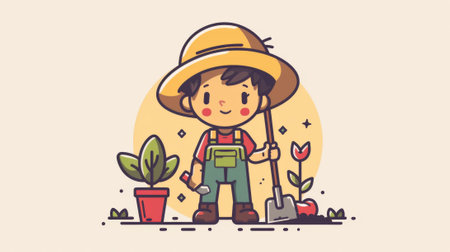 A cartoon character holding a shovel and gardening tools, AIの素材
